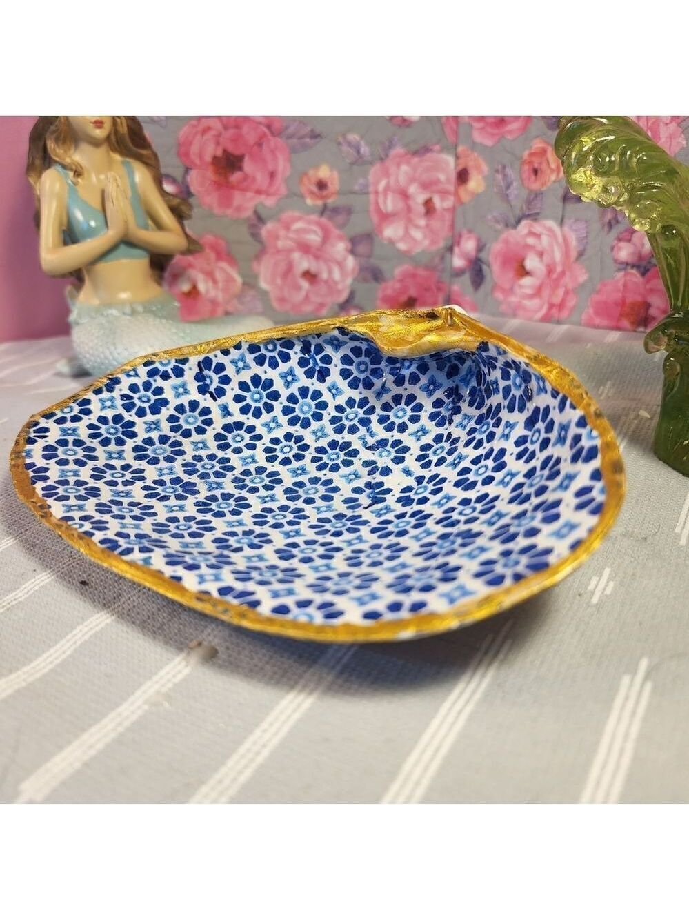DECOUPAGE CLAM SHELL DECOUPAGE BLUE DESIGN TRINKET DISH - Picture 7 of 13